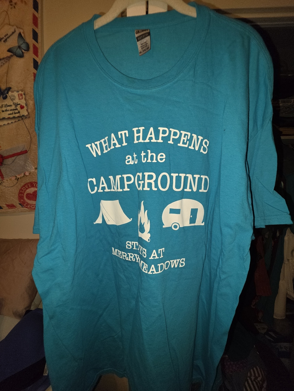 Merry Meadows Campground "What Happens at the Campground" Adult Tee - Turquoise
